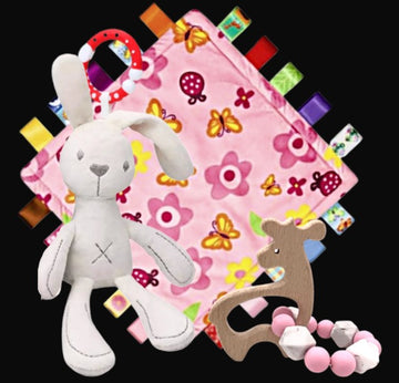 Baby sensory gift set - taggie, teddy & teether in PINK or BLUE